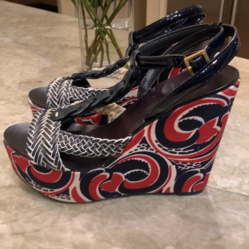 Tory Burch wedge sandals- navy and red design- 7.5